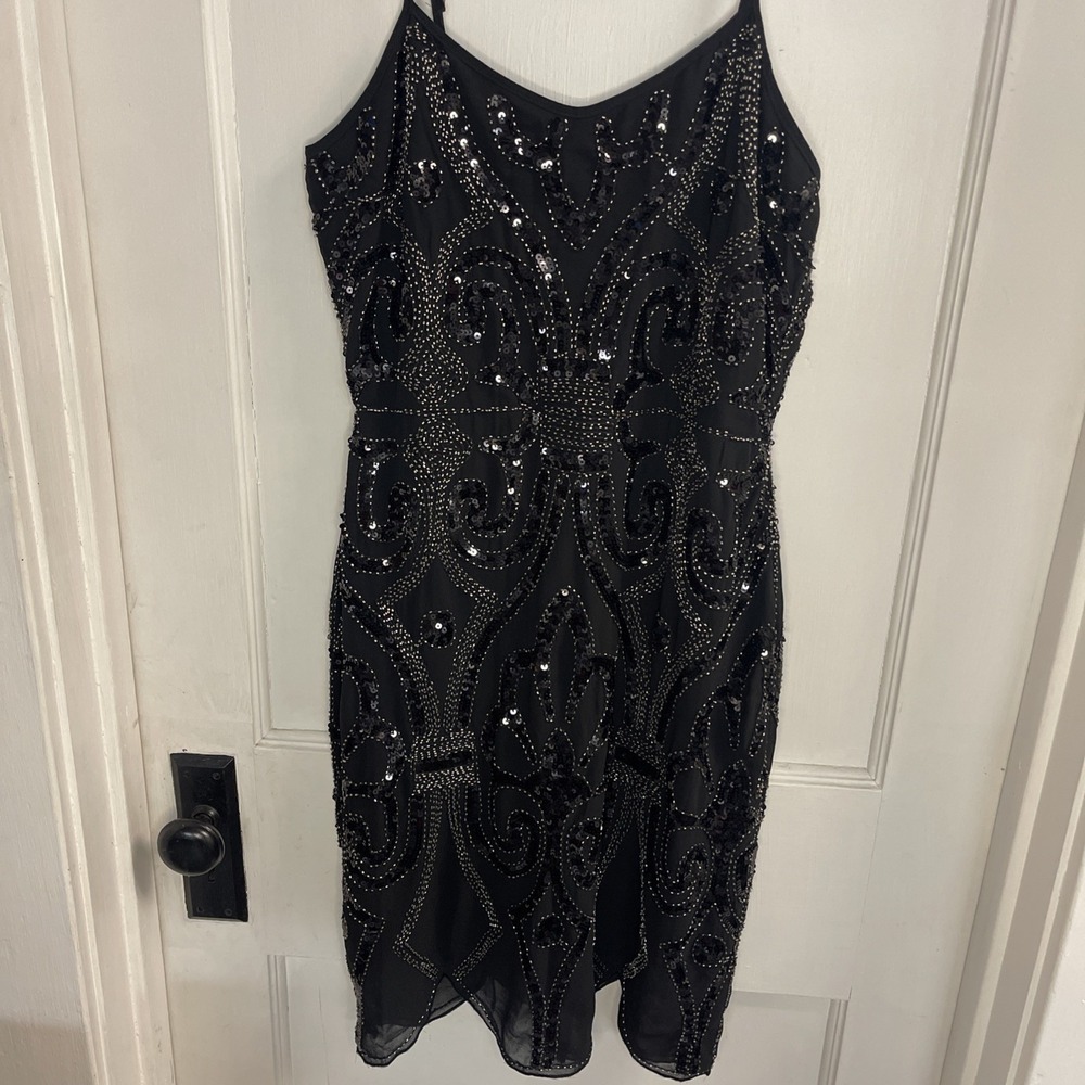 Black Sequin Beaded Art Deco Cocktail Dress Gatsby Flapper Style Mini Sleeveless